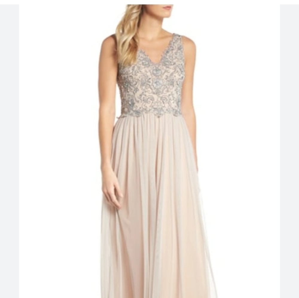 Elegant Beaded Gown in Silver and Cream
